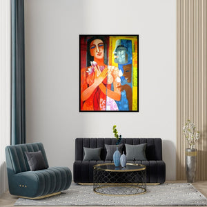 Preview of 'Nautanki Series 8 (Three Graces)' Painting by Chaitali Mukherjee shown on a wall in a furnished room.