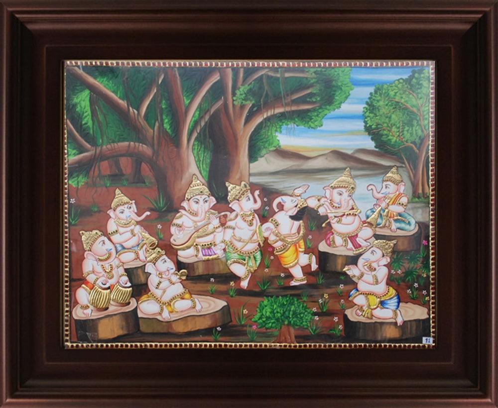 Religious tanjore traditional art titled 'Nava Vinayagar Tanjore Painting', 18x24 inches, by artist Myangadi Tanjore on Plywood