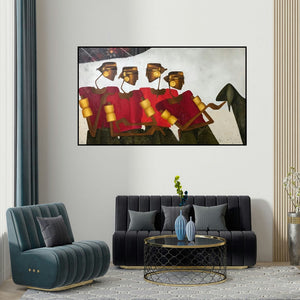Bharti Prajapati's 'Navratri (Tribal Gathering)' painting visualized above a sofa in a contemporary room.