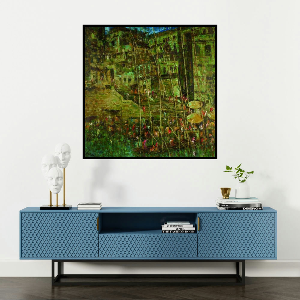 'Nayak (Urban Harbor)' painting by Upendra Nayak shown on a wall in a furnished room.