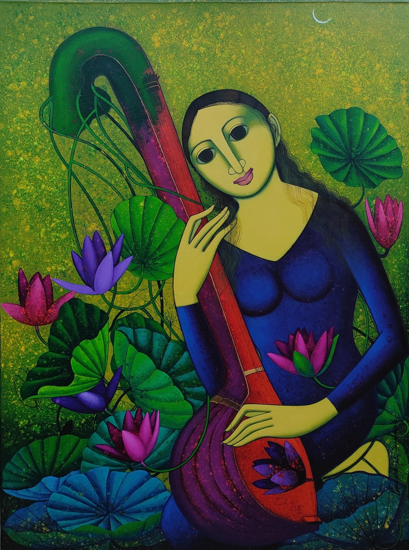 Nayika' figurative acrylic painting by artist Prakash Deshmukh, 48x36 inch, on canvas