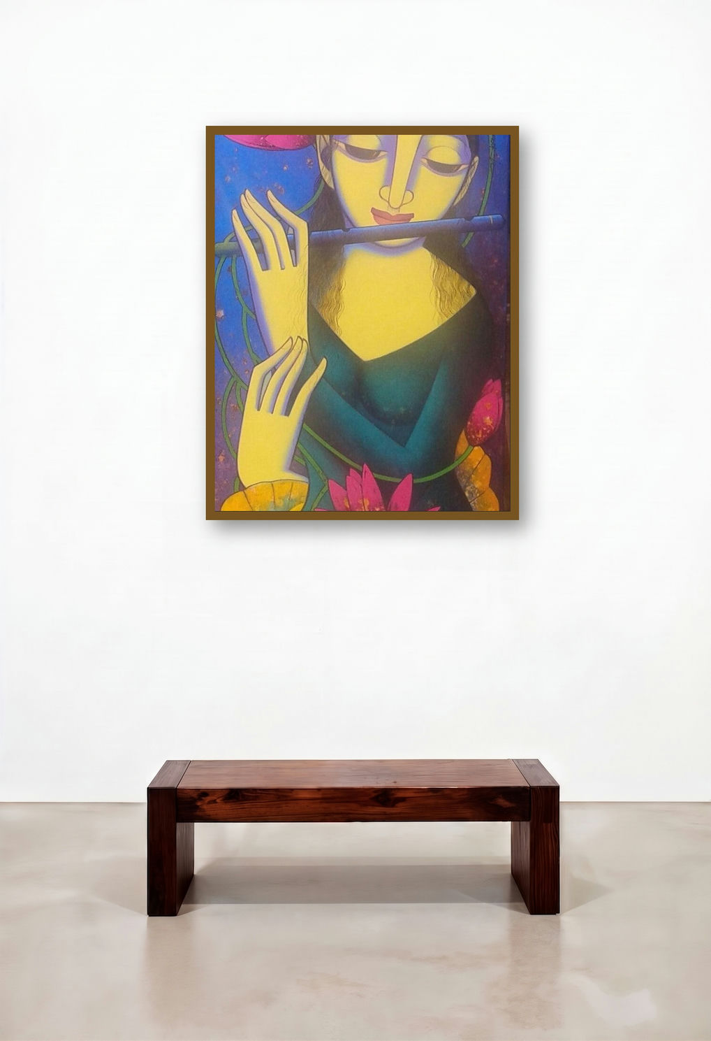 Nayika (The Flutist) by artist Prakash Deshmukh displayed in a Rustic Study