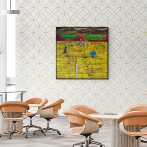 Preview of 'Nearing Extinction (Cultivated Abstraction)' Painting by Ashish Kushwaha shown on a wall in a furnished room.