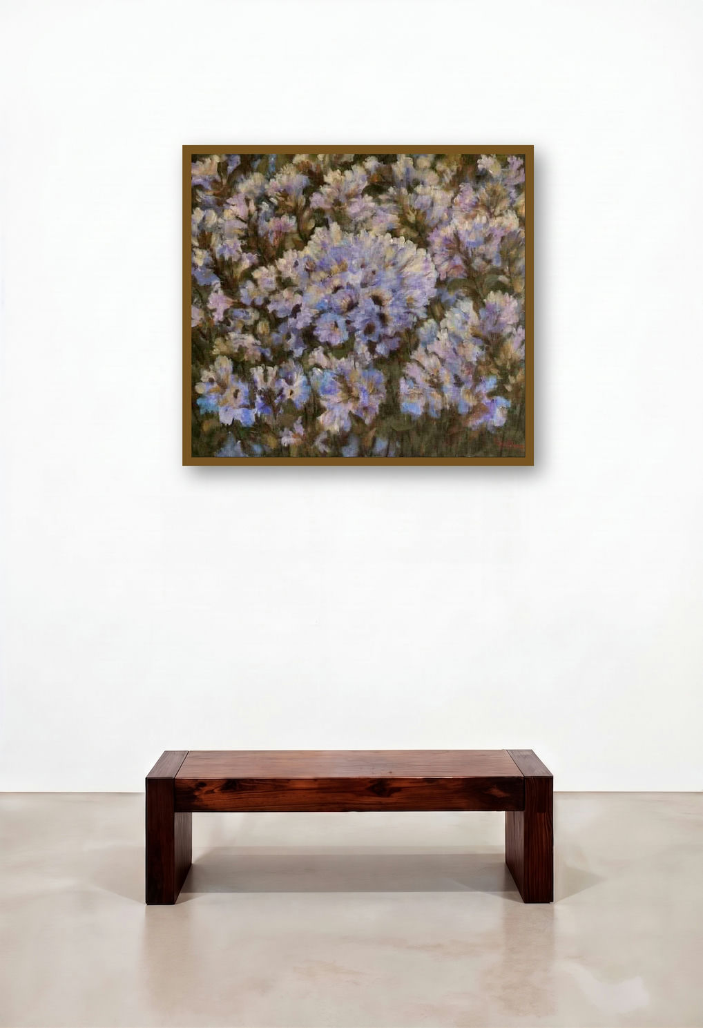 Neelakurinjii Flowers (A Field of Dreams) by artist Biju Thomas displayed in a Japandi Living Room