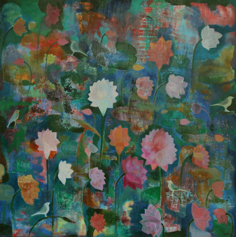 Neelkanth' nature acrylic painting by artist Sunayana Malhotra, 48x48 inch, on canvas