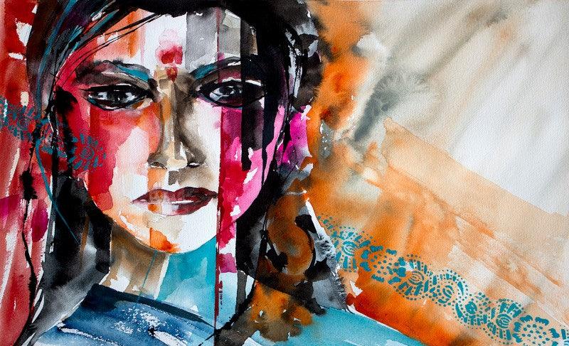 Portrait watercolor painting titled 'Neelu', 12x20 inches, by artist Veronique Piaser-moyen on Paper