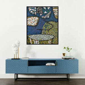 Pravin Randive's 'Neerakar' painting visualized above a sofa in a contemporary room.