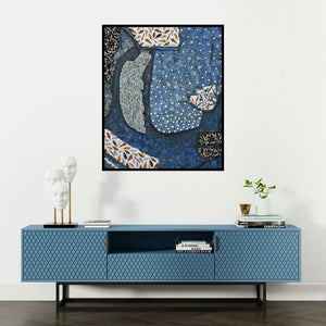 Pravin Randive's 'Neerakarii (Fragments of Memory)' painting visualized above a sofa in a contemporary room.