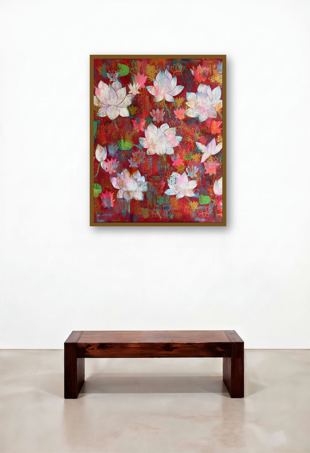 Neerja The White Lotus (Radiant Lotus Bloom) by artist Amita Dand displayed in a Urban Loft Hallway
