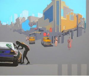 Neo Urban Space by Abhijit Paul, Original Mixed Media Fantasy Painting on Canvas, Large Horizontal Wall Art