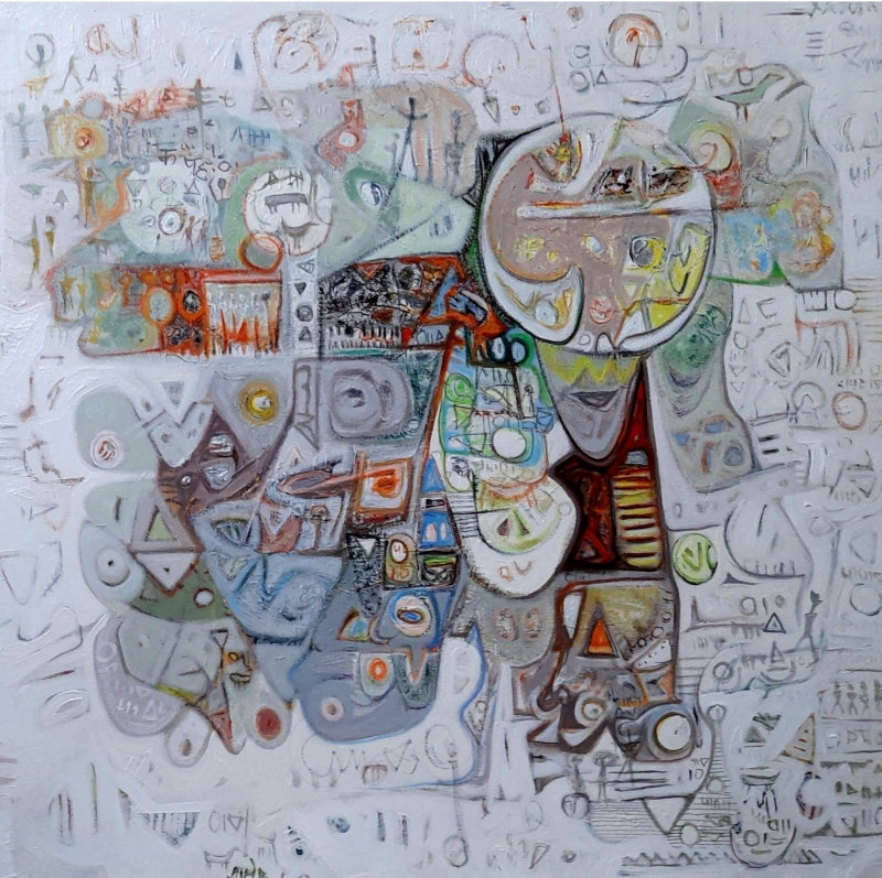 In-situ view of Rajesh Kumar Singh's 'Neolithic Sounds 3 (Cosmic Tapestry)' painting in a room