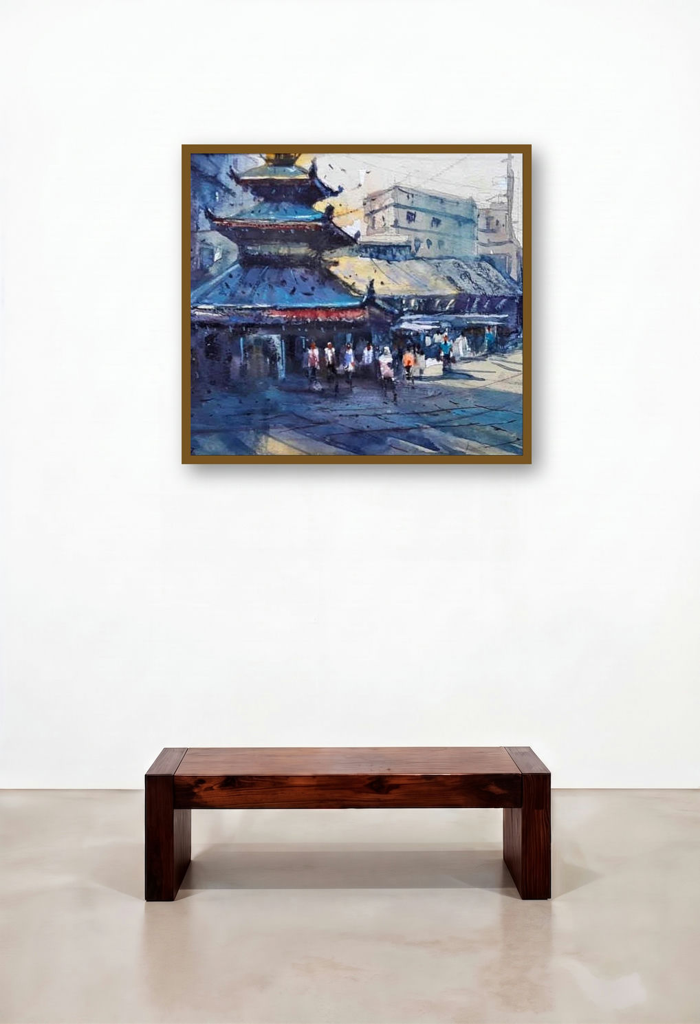 Nepal (A Vibrant Market Scene) by artist Jitendra Divte displayed in a Art Deco Library