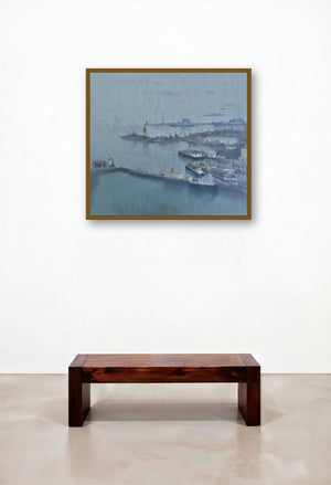 Nevy Dockyard (Morning Haze) by artist Paresh Thukrul displayed in a Contemporary Luxury Executive Office