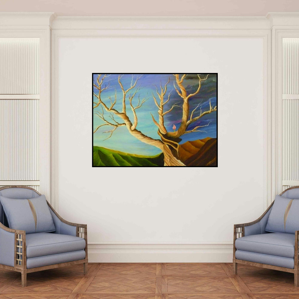 'New Birth (Hopes Blossom)' painting by Subodh Maheshwari shown on a wall in a furnished room.