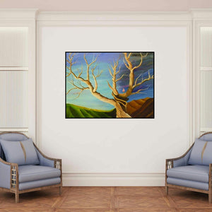 'New Birth (Hopes Blossom)' painting by Subodh Maheshwari shown on a wall in a furnished room.