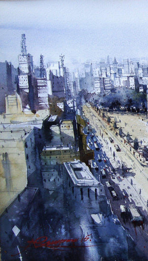 New Edit (Metropolis Marvels) by Nirupam Konwar, Original Watercolor Cityscape Painting on Paper, Medium Vertical Wall Art