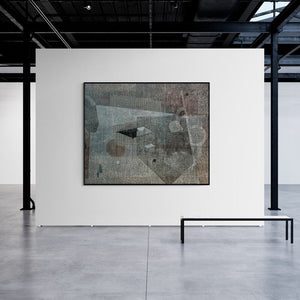 Sunil Yadav's painting 'New Identity And New Space 2 (Geometric Abstraction in Grey Tones)' displayed in a modern living room setting