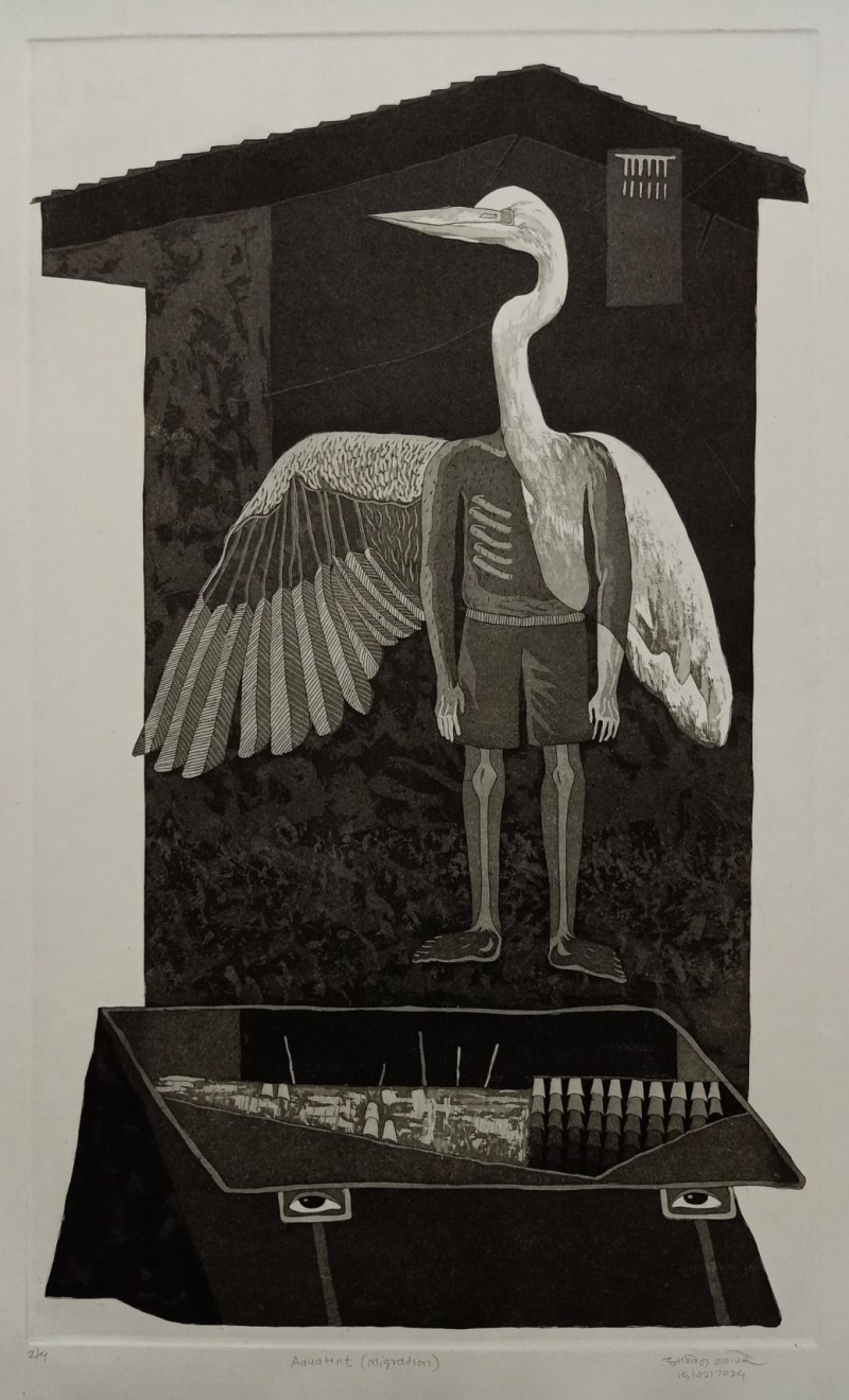 New Lands New Lives Migration Narratives' contemporary mixed-media printmaking by artist Ashwin Khapare, 20x12 inch, on paper