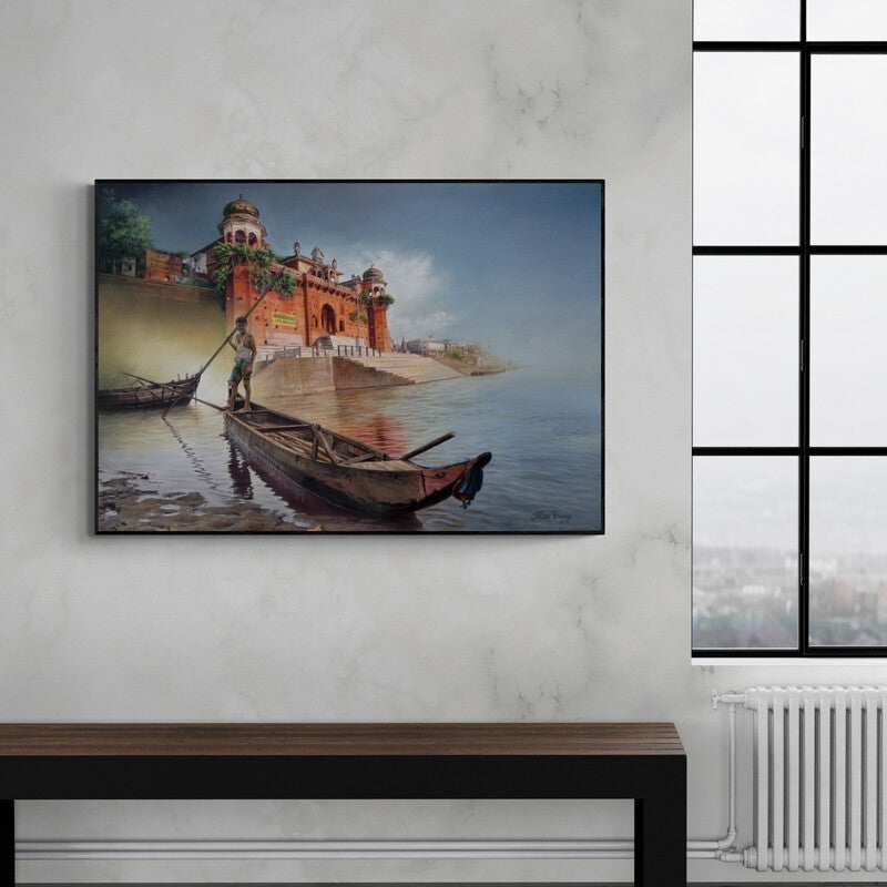 In-situ view of Shyam Verma's 'The New Prayag Raj (Chet Singh Ghat, Varanasi)' painting in a room