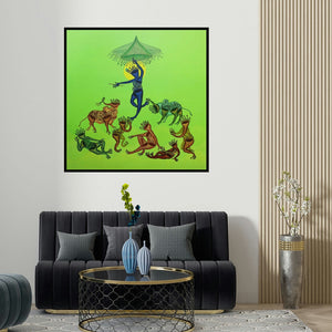 Nitesh Panchal's 'New Version Of Govardhan (Dancing Krishna)' painting visualized above a sofa in a contemporary room.