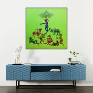 'New Version Of Govardhan (Dancing Krishna)' painting by Nitesh Panchal shown on a wall in a furnished room.