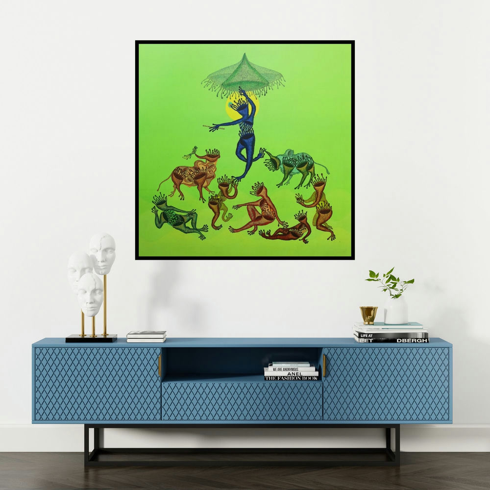 'New Version Of Govardhan (Dancing Krishna)' painting by Nitesh Panchal shown on a wall in a furnished room.
