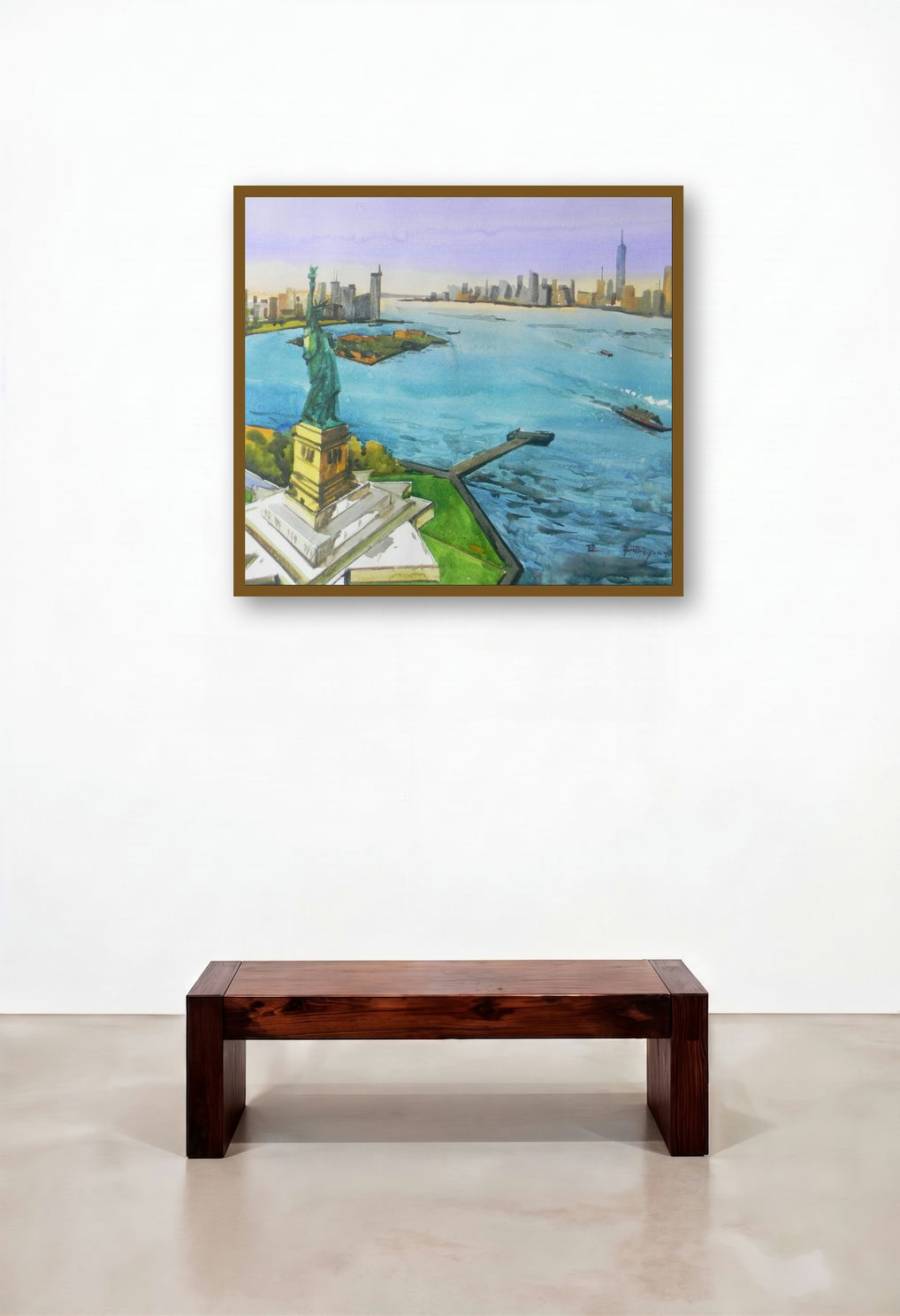 New York (Statue of Liberty and New York City Skyline) by artist Bipul Roy displayed in a Urban Loft Reception Area