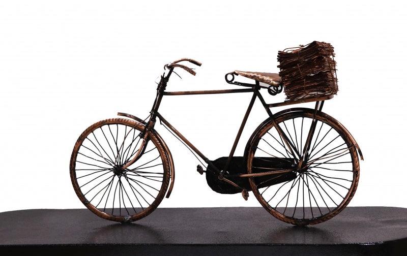 Still-life sculpture titled 'Newspaper On Bicycle', 11x24x8 inches, by artist Ram Kumbhar on Mixedmedia