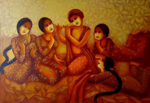 Nidhivan 1 by Monalisa Sarkar, Original Acrylic Figurative Painting on Canvas, X-Large Horizontal Wall Art