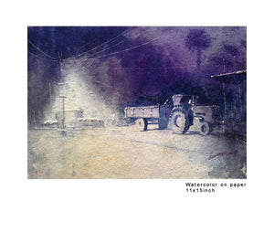 Night At Nirmal (Twilight Haunt: A Nighttime Scene) by Sourabh Nema, Original Watercolor Landscape Painting on Handmade Paper, Small Horizontal Wall Art