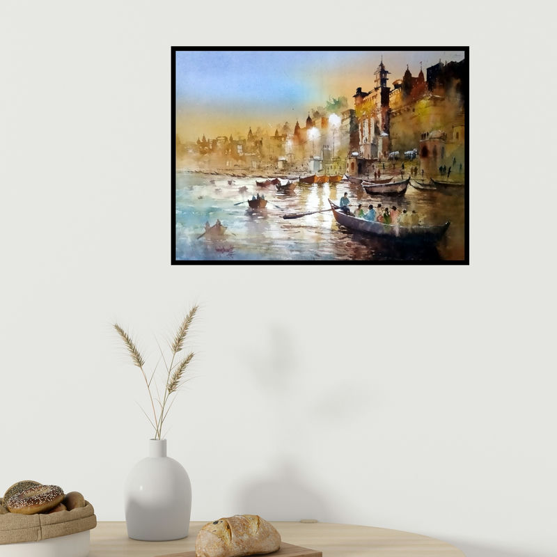 In-situ view of Sanjay Dhawale's 'Night At Banaras' painting in a room