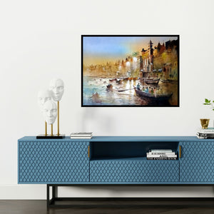 Preview of 'Night At Banaras' Painting by Sanjay Dhawale shown on a wall in a furnished room.
