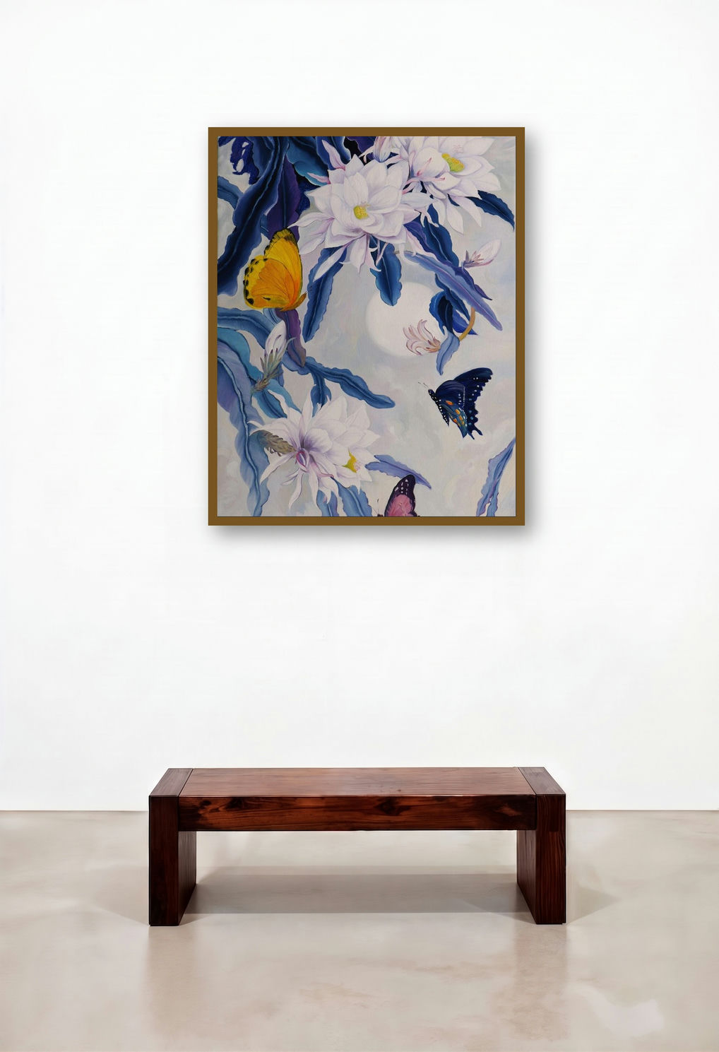 Night Bloom With Butterflies (Nocturnal Serenade) by artist Sulakshana Dharmadhikari displayed in a Coastal Hotel Lobby