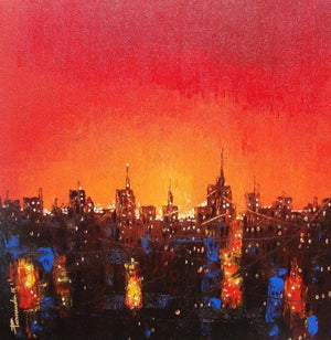 Cityscape acrylic painting titled 'Night In City', 18x18 inches, by artist Purnendu Mandal on Canvas