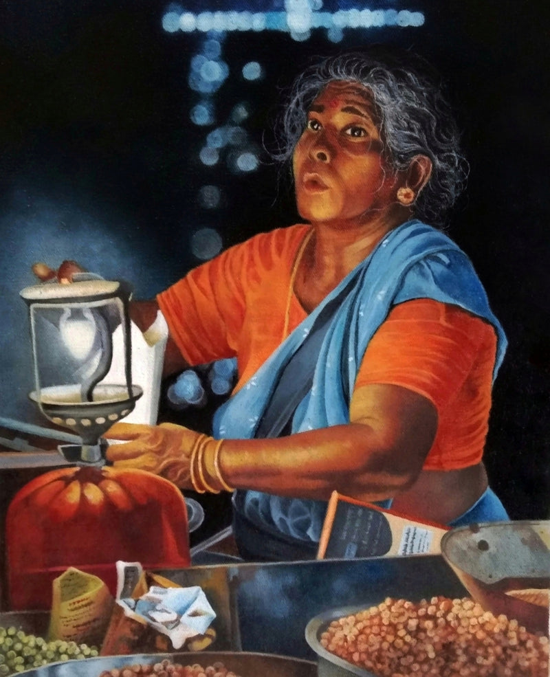 Night Life' figurative oil painting by artist Anjana Sihag, 15x12 inch, on canvas