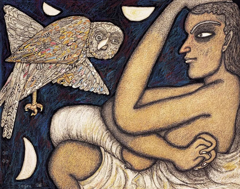 Figurative serigraphs painting titled 'Night Of The Owl', 22x30 inch, by artist Jogen Chowdhury on Paper
