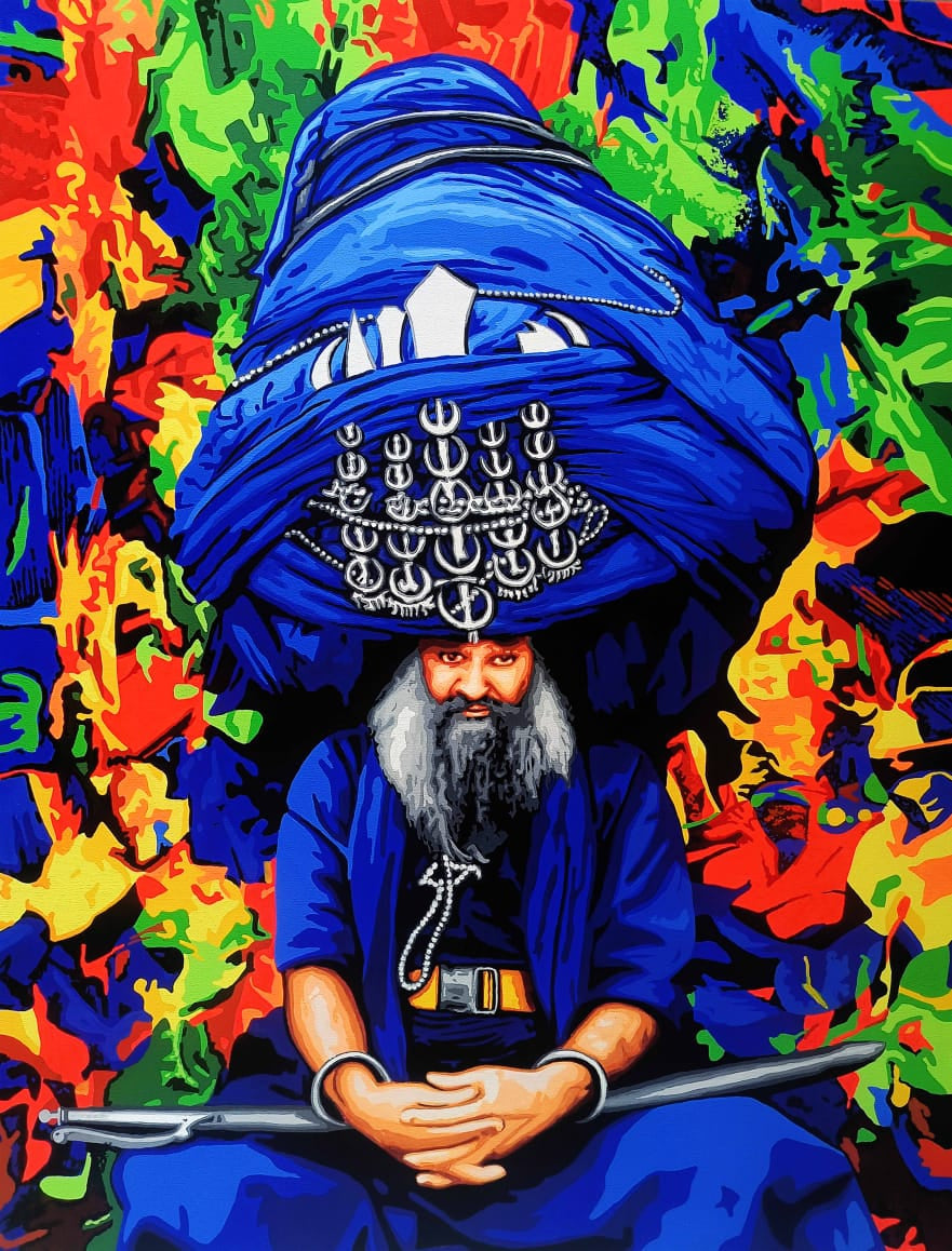Nihang 11' religious acrylic painting by artist Sujit Karmakar, 48x36 inch, on canvas