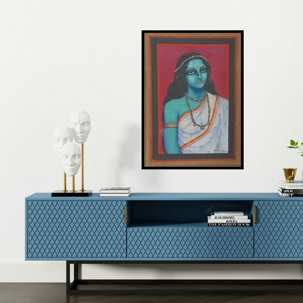 'Nilambari (Serene Beauty)' painting by Suparna Dey shown on a wall in a furnished room.