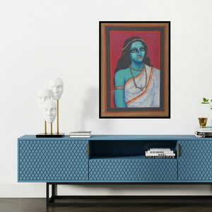 'Nilambari (Serene Beauty)' painting by Suparna Dey shown on a wall in a furnished room.