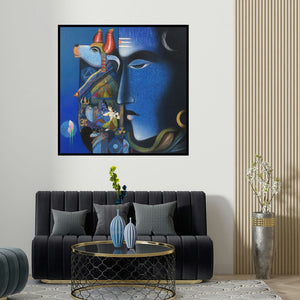 Ashok Rathod's 'Nilkanth (Shiva's Divine Form)' painting visualized above a sofa in a contemporary room.