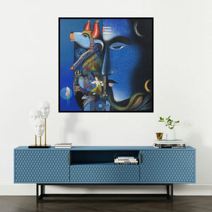 'Nilkanth (Shiva's Divine Form)' painting by Ashok Rathod shown on a wall in a furnished room.