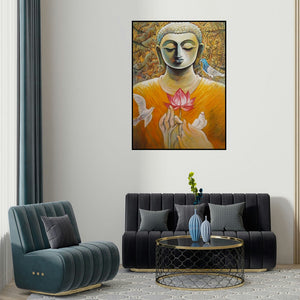 Subrata Ghosh's 'Nirvana' painting visualized above a sofa in a contemporary room.
