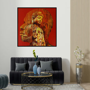 Nayanjeet Nikam's 'Nirvana (Inner Buddha)' painting visualized above a sofa in a contemporary room.