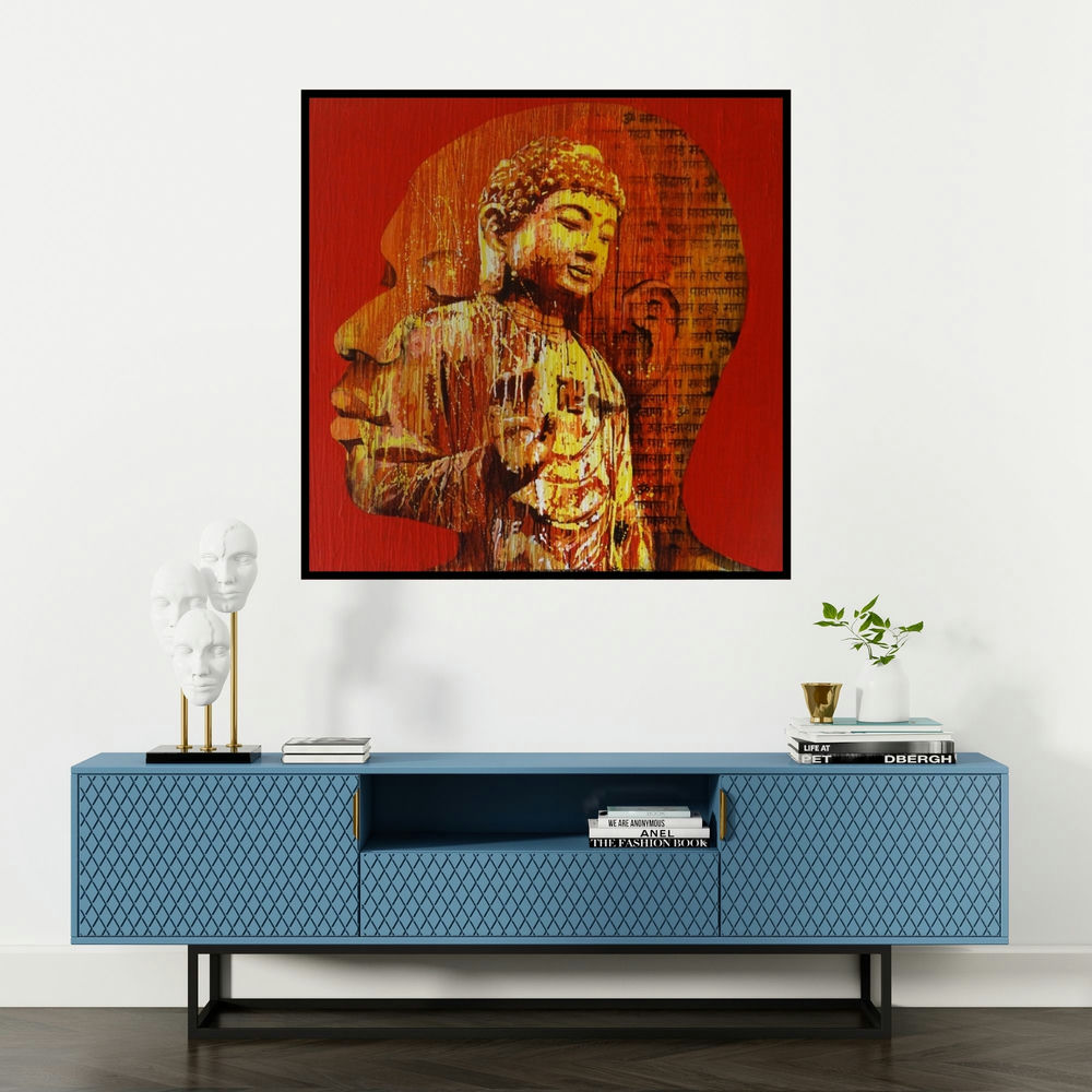 'Nirvana (Inner Buddha)' painting by Nayanjeet Nikam shown on a wall in a furnished room.