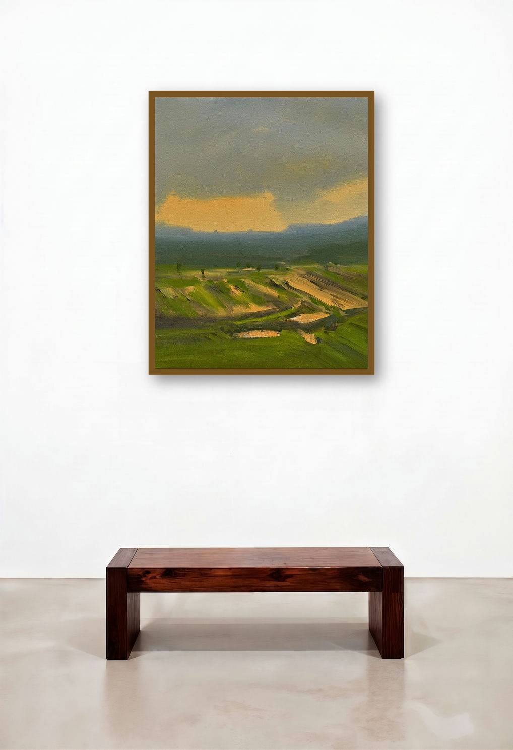 Nivati 2 (Verdant Fields) by artist Mangesh Shinde displayed in a Elegant Hotel Suite