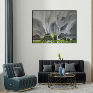 Mangesh Shinde's 'Nivati 3 (Nature's Veil)' painting visualized above a sofa in a contemporary room.