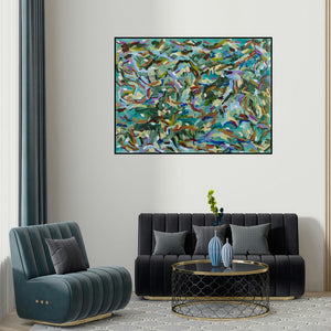 Sheena Bajaria's 'Nori Nori (A Vortex of Color**)' painting visualized above a sofa in a contemporary room.