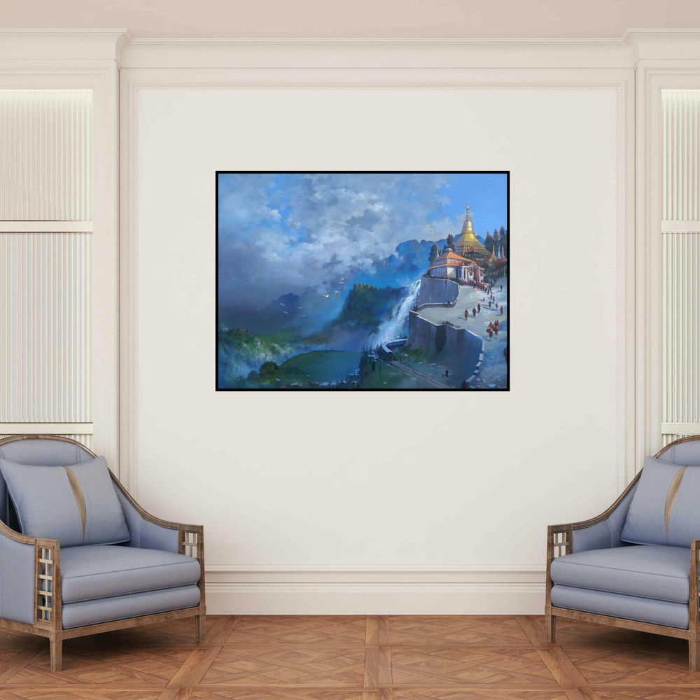 'North East Wet Platform (Himalayan Shrine)' painting by Bijay Biswaal shown on a wall in a furnished room.