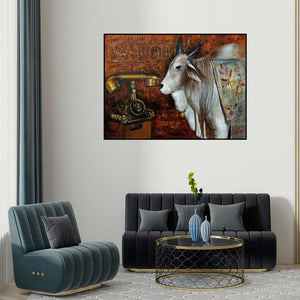 Jiban Biswas's 'Nostalgia (The Unexpected Connection)' painting visualized above a sofa in a contemporary room.