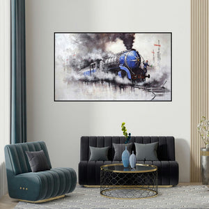 Kishore Pratim Biswas's 'Nostalgia Of Steam Locomotives 47 (The Iron Giant)' painting visualized above a sofa in a contemporary room.